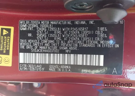 2010 Toyota Highlander Se V6 из США, поврежденный, VIN 5TDJK3EH4AS037002